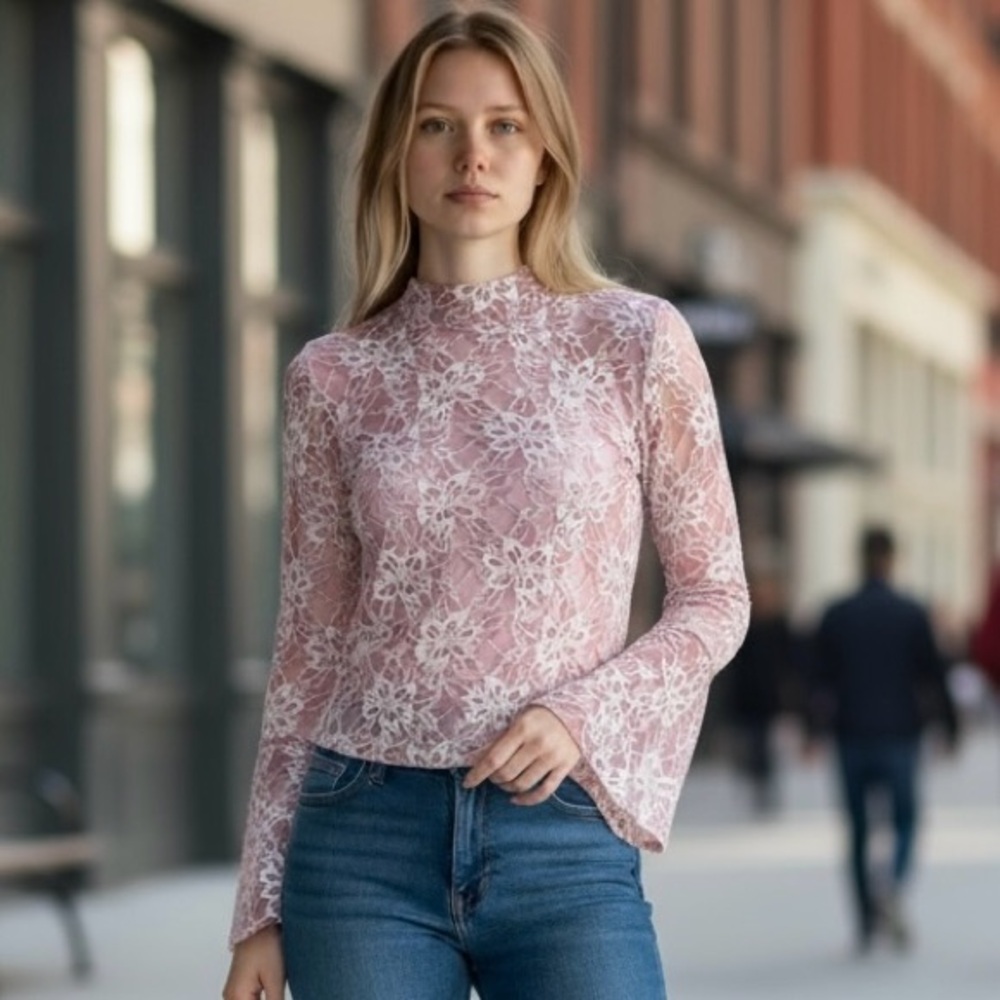 4/$24 Cleo Purple‎ & Cream Lace Long Flare Sleeves Peephole Back Bodysuit